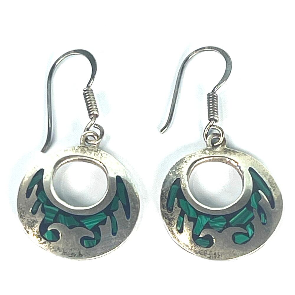 Vintage Taxco 925 Sterling Malachite Inlay Dangle Hook Earrings